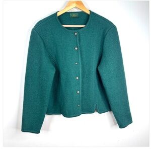 Vintage Mairi Boiled Wool Cardigan M Emerald Green Boxy Jacket Classic Christmas